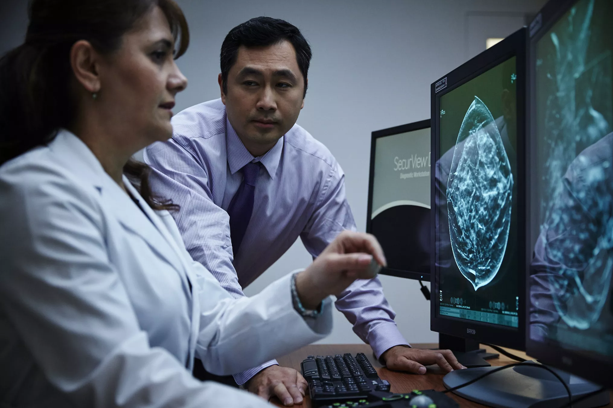 Technician and healthcare professional looking at computer aided 2D mammography datasets and scans