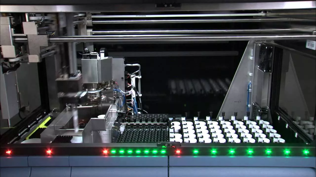 A view of samples being prepared for diagnosis inside the Tomcat instrument.